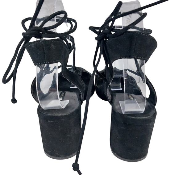 ZARA BASIC! BLACK GENUINE LEATHER CHUNKY HEEL POINTY, LACED ANKLE HEELS! SZ 8.5M - Picture 8 of 10